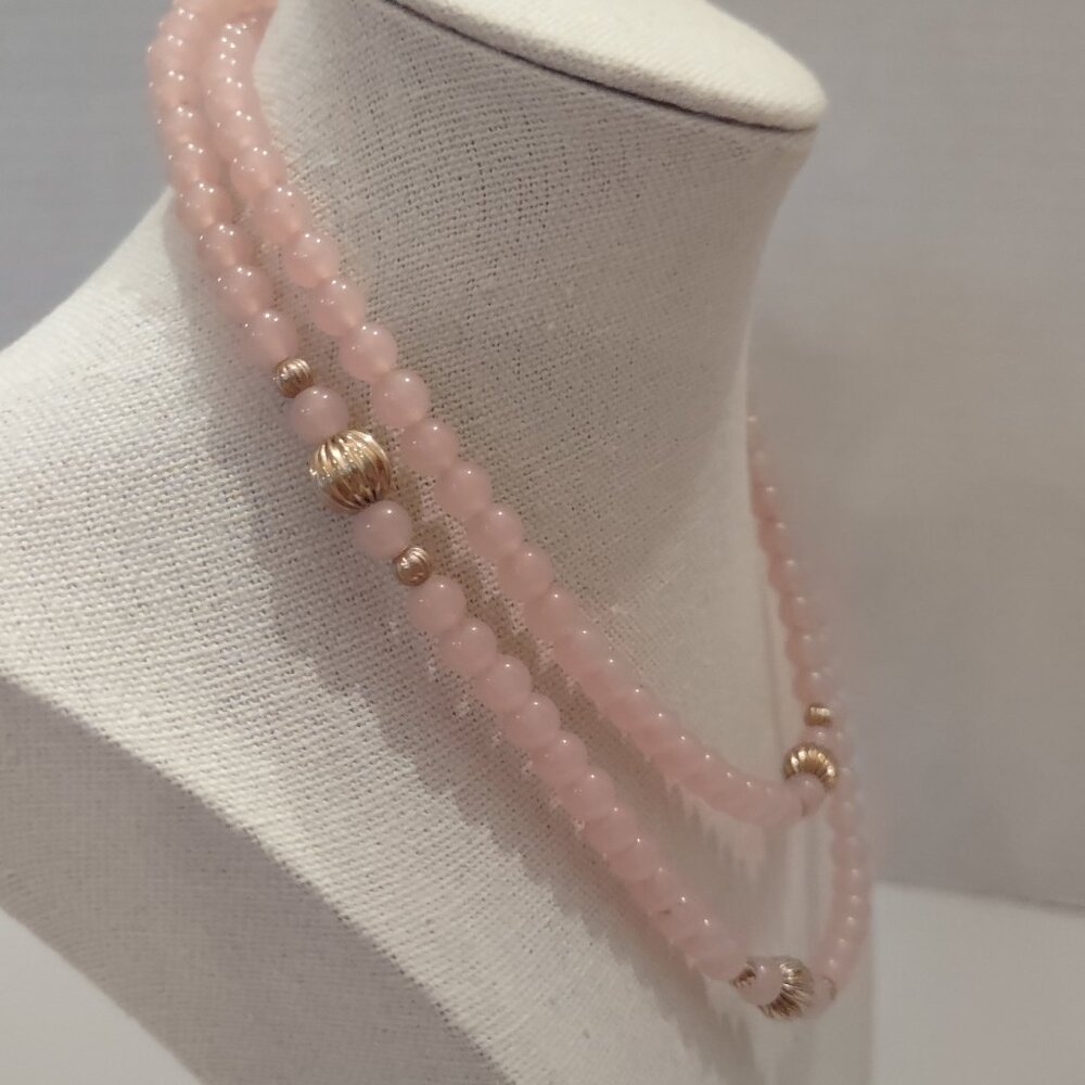 Vintage Beaded Braided Pink Beaded Necklace Light Weight Gold Tone
